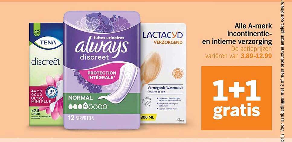 Alle A-merk incontinentie- en intieme verzorging 1+1 gratis
