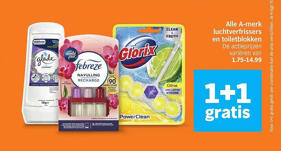 Alle A-merk luchtverfrissers en toiletblokken 1+1 gratis