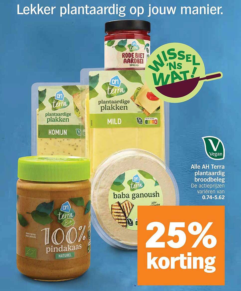 Alle AH Terra plantaardig broodbeleg 25% korting