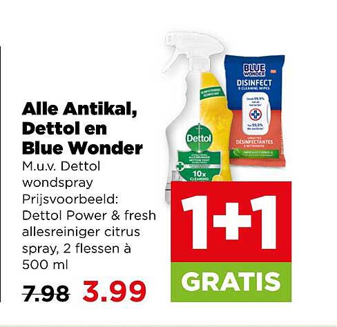 Alle Antikal, Dettol en Blue Wonder 1+1 GRATIS