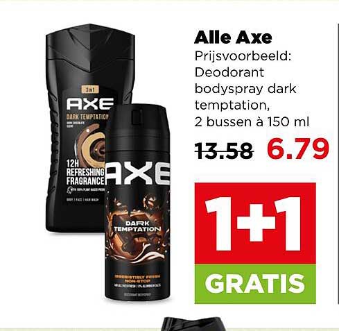 Alle Axe Prijsvoorbeeld: Deodorant bodyspray dark temptation, 2 bussen à 150 ml 1+1 GRATIS