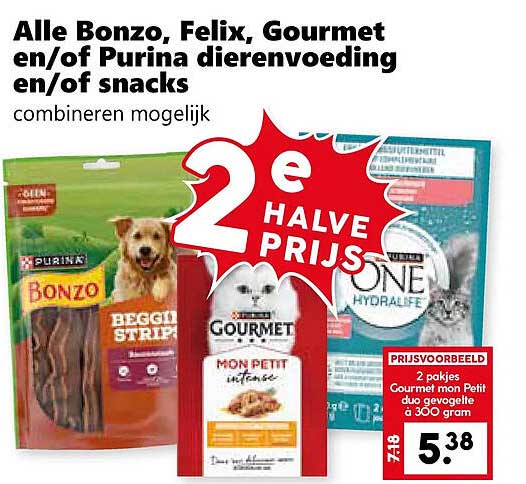 Alle Bonzo, Felix, Gourmet en/of Purina dierenvoeding en/of snacks combineren mogelijk 2e halve prijs