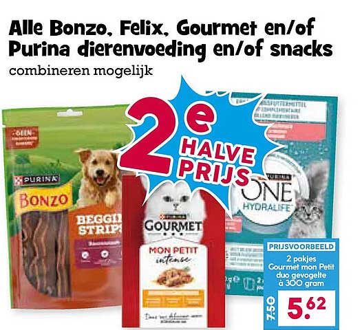 Alle Bonzo, Felix, Gourmet en/of Purina dierenvoeding en/of snacks combineren mogelijk 2e halve prijs