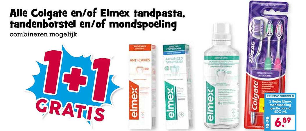 Alle Colgate en/of Elmex tandpasta, tandenborstel en/of mondspoeling combineren mogelijk 1+1 GRATIS