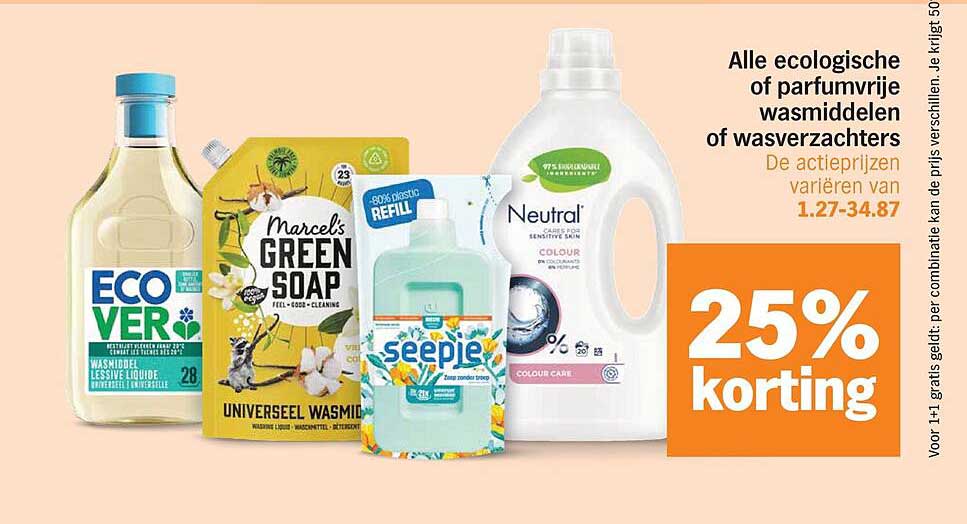 Alle ecologische of parfumvrije wasmiddelen of wasverzachters 25% korting