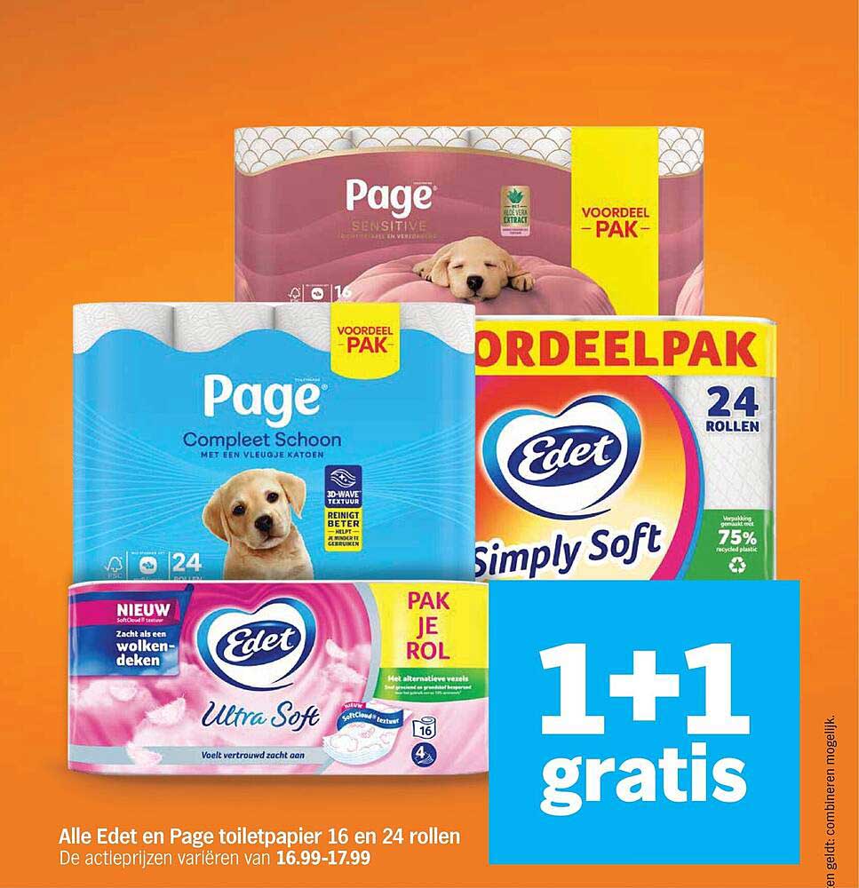 Alle Edet en Page toiletpapier 16 en 24 rollen 1+1 gratis