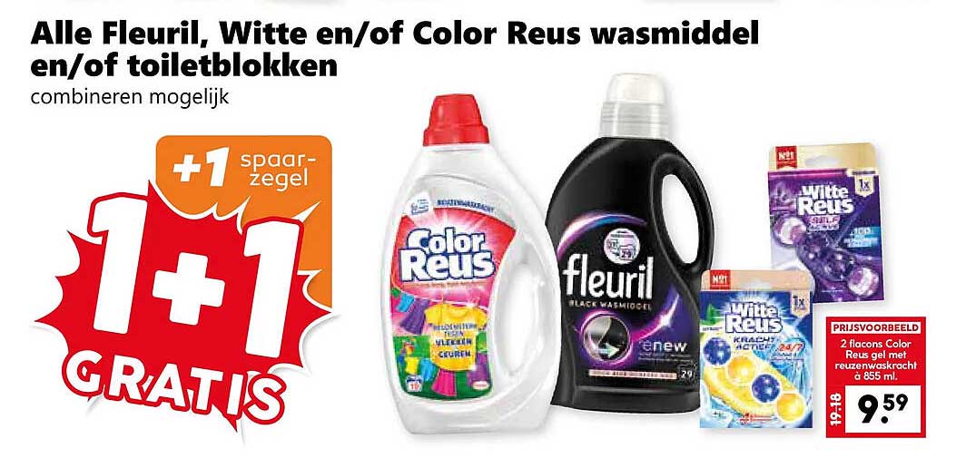 Alle Fleuril, Witte en/of Color Reus wasmiddel en/of toiletblokken combineren mogelijk +1 spaар-zegel 1+1 GRATIS