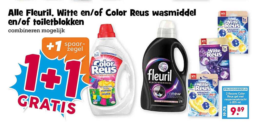 Alle Fleuril, Witte en/of Color Reus wasmiddel en/of toiletblokken combineren mogelijk 1+1 gratis