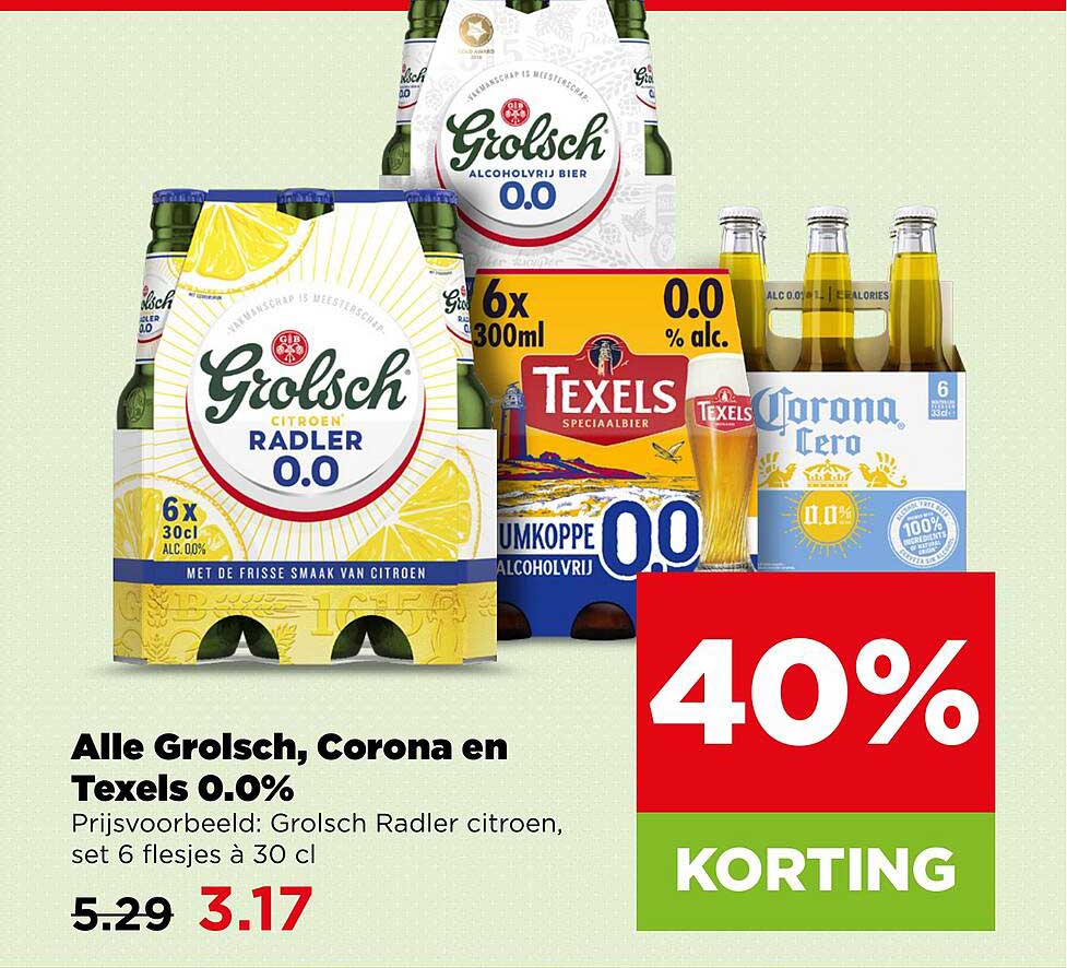 Alle Grolsch, Corona en Texels 0.0% 40% KORTING