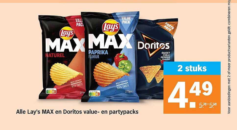 Alle Lay’s MAX en Doritos value- en partypacks