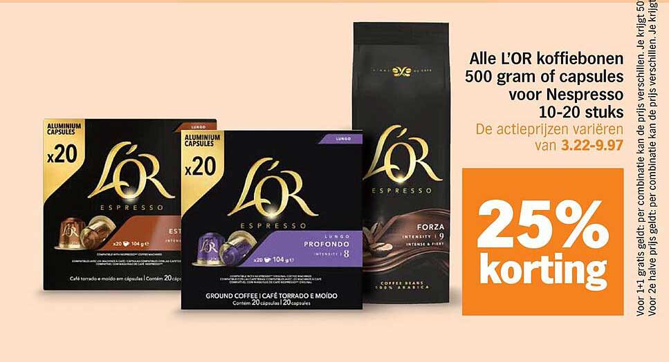 Alle L'OR koffiebonen 500 gram of capsules voor Nespresso 10-20 stuks 25% korting