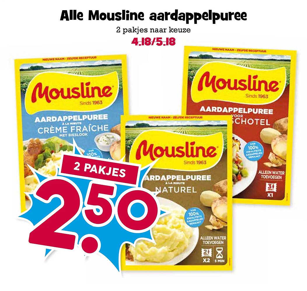 Alle Mousline aardappelpuree 2 pakjes naar keuze