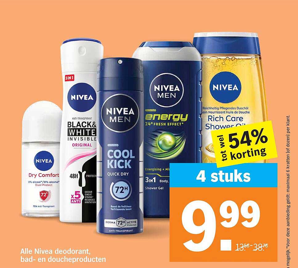 Alle Nivea deodorant, bad- en doucheproducten 4 stuks tot wel 54% korting