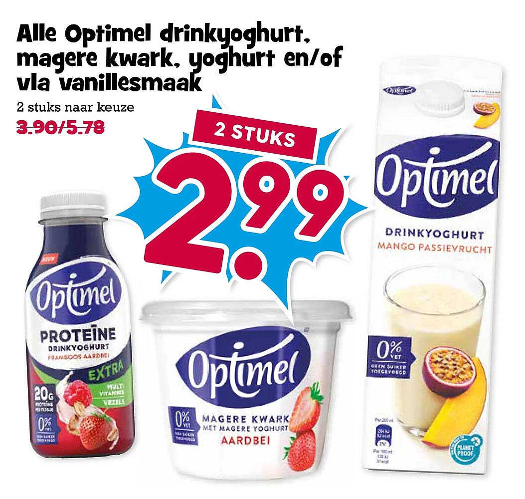 Alle Optimel drinkyoghurt, magere kwark, yoghurt en/of via vanillesmaak 2 stuks naar keuze