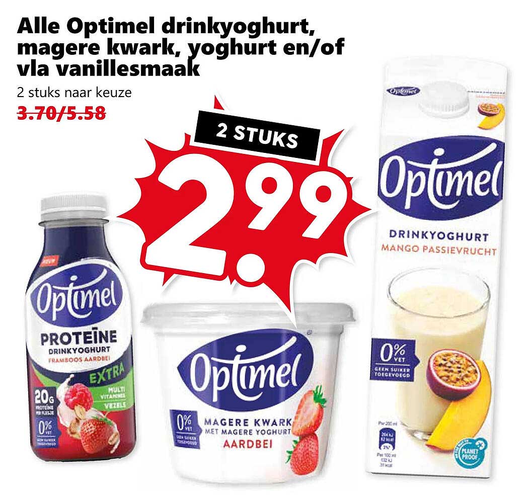 Alle Optimel drinkyoghurt, magere kwark, yoghurt en/of vla vanillesmaak 2 stuks naar keuze