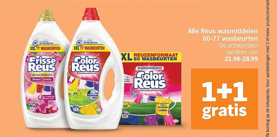 Alle Reus wasmiddelen 60-77 wasbeurten 1+1 gratis