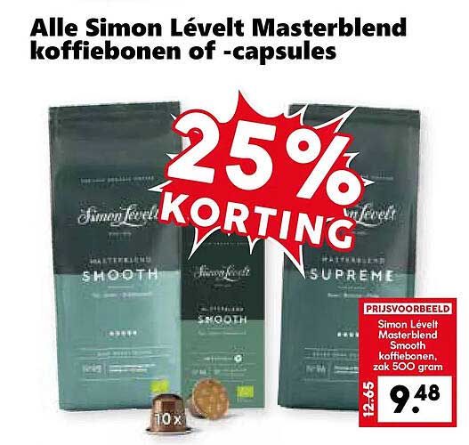 Alle Simon Lévelt Masterblend koffibonen of -capsules 25% KORTING