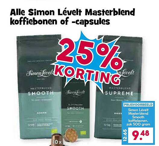 Alle Simon Lévelt Masterblend koffiebonen of -capsules 25% KORTING