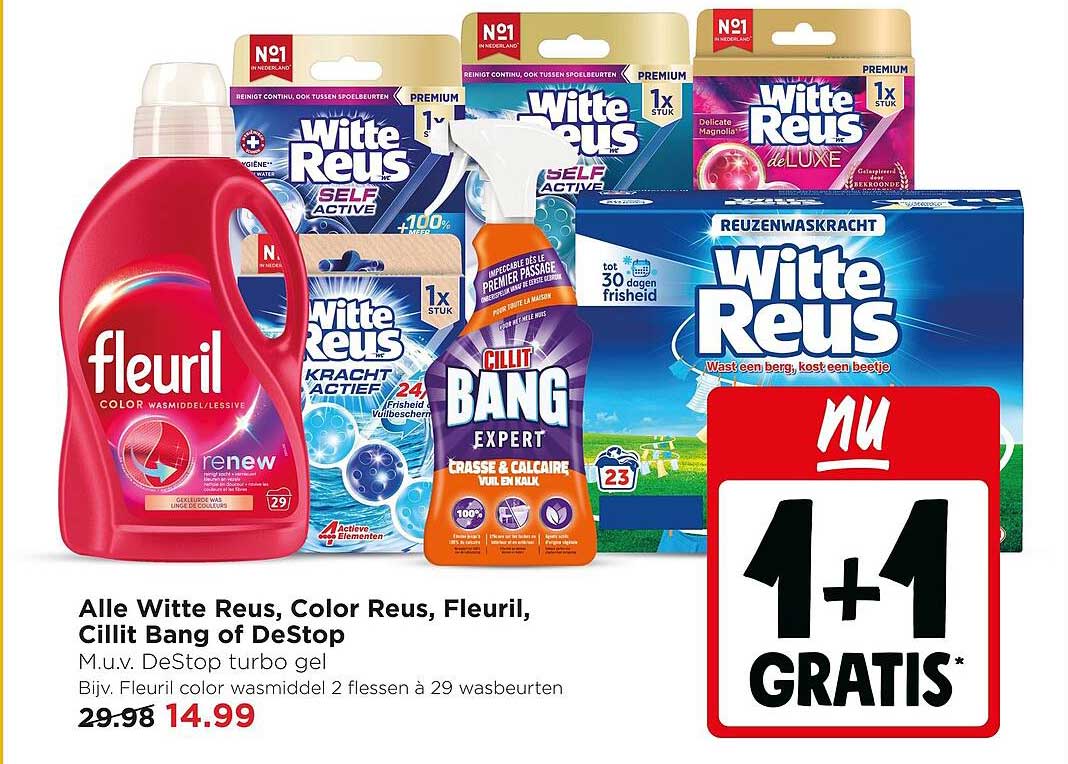Alle Witte Reus, Color Reus, Fleuril, Cillit Bang of DeStop M.u.v. DeStop turbo gel Bijv. Fleuril color wasmiddel 2 flessen à 29 wasbeurten 1+1 GRATIS
