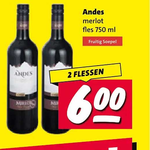 Andes merlot fles 750 ml Fruitiig Soepel 2 FLESSEN