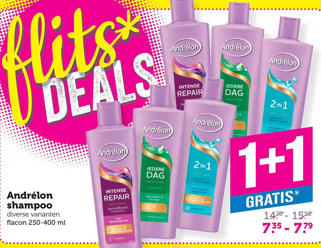 Andrélon shampoo diverse varianten flacon 250-400 ml 1+1 gratis