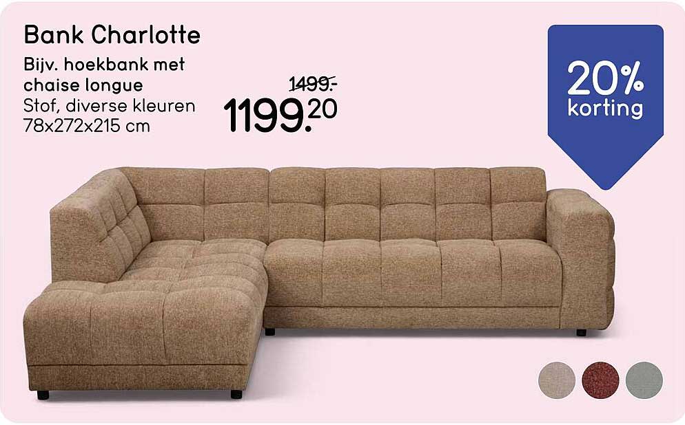Bank Charlotte Bijv. hoekbank met chaise longue Stoff, diverse kleuren 78x272x215 cm 20% korting