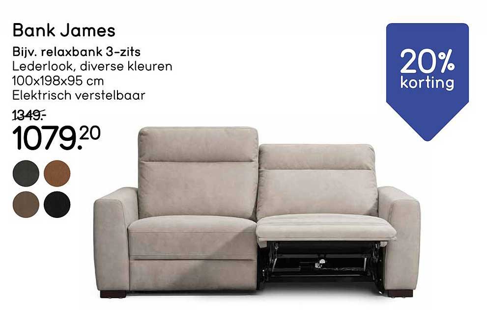 Bank James, Bijv. relaxbank 3-zits, Lederlook, diverse kleuren, 100x198x95 cm, Elektrisch verstelbaar