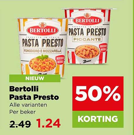 Bertolli Pasta Presto Alle varianten Per beker 50% KORTING