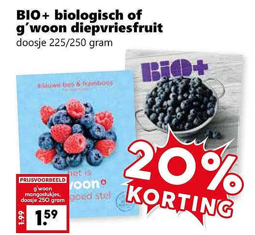 BIO+ biologisch of g’woon diepvriesfruit doosje 225/250 gram 20% KORTING