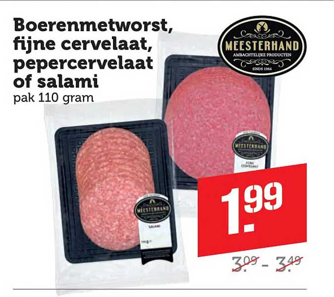 Boerenmetworst, fijne cervelaat, pepercervelaat of salami pak 110 gram