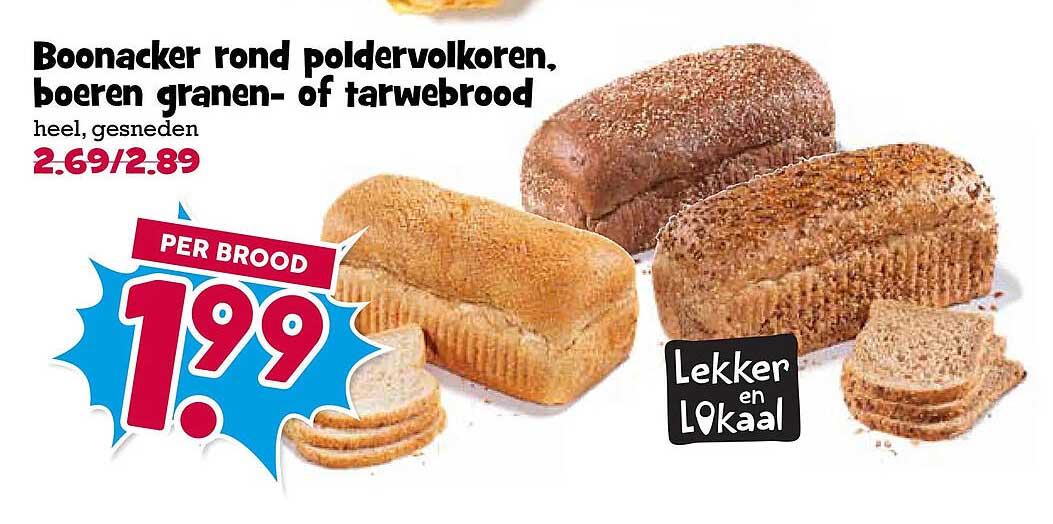 Boonacker rond poldervolkoren, boeren granen- of tarwebrood heel, gesneden