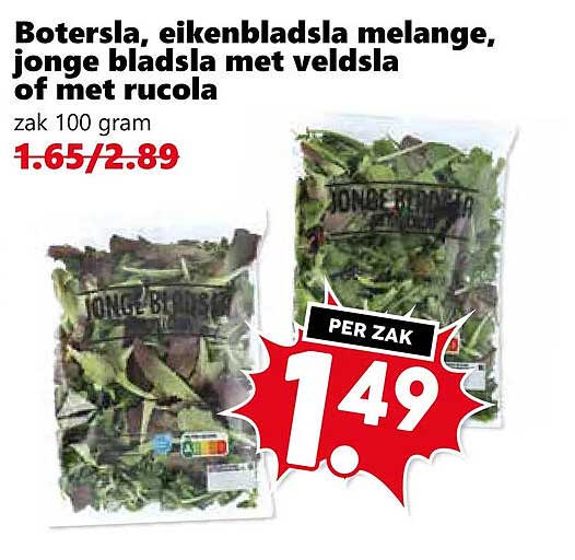 Botersla, eikenbladsla, jonge bladsla met veldsla of met rucola