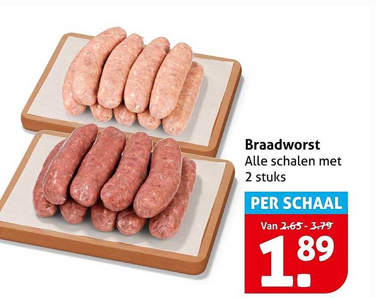Braadworst Alle schalen met 2 stuks PER SCHAAL