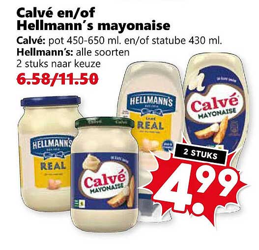 Calvé en/of Hellmann's mayonaise 2 stuks naar keuze