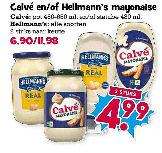 Calvé en/of Hellmann’s mayonaise 2 stuks naar keuze