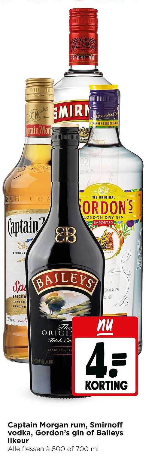 Captain Morgan rum, Smirnoff vodka, Gordon’s gin of Baileys likeur