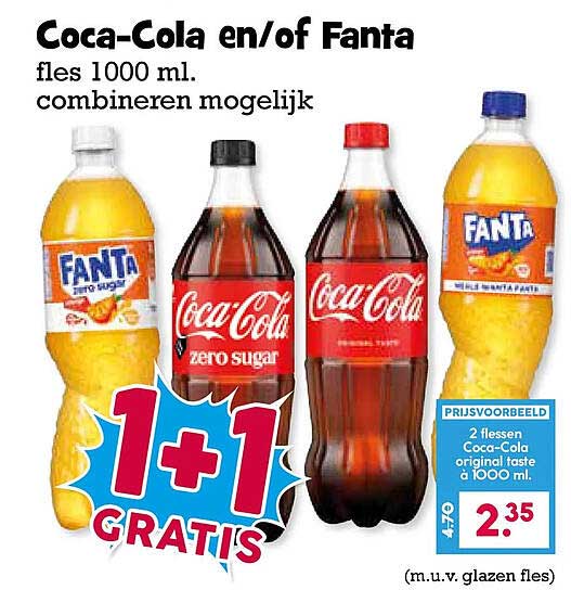 Coca-Cola en/of Fanta fles 1000 ml. combineren mogelijk 1+1 GRATIS