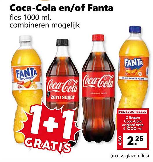 Coca-Cola en/of Fanta fles 1000 ml. combineren mogelijk 1+1 GRATIS