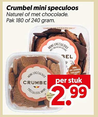 Crumble mini speculoos Naturel of met chocolade. Pak 180 of 240 gram. per stuk