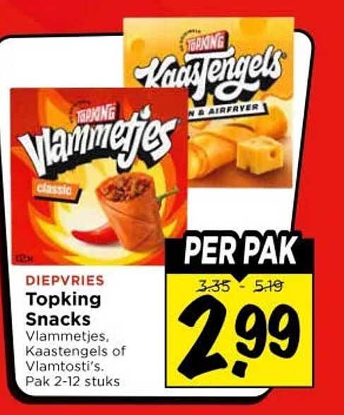 Diepvries Topping Snacks Vlammetjes, Kaasengels of Vlamtosti's. Pak 2-12 stuks PER PAK