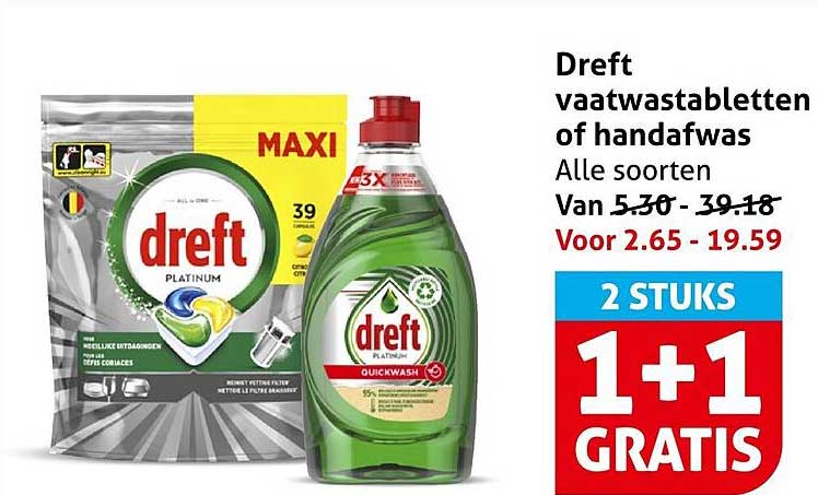 Dreft vaatwastabletten of handafwas Alle soorten 1+1 gratis