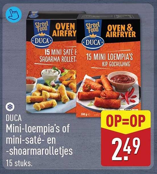 DUCA Mini-loempia's of mini-saté- en -shoarmarolletjes 15 stuks. OP=OP