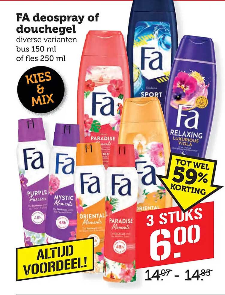 FA deospray of douchegel diverse varianten bus 150 ml of fles 250 ml KIES & MIX TOT WEL 59% KORTING