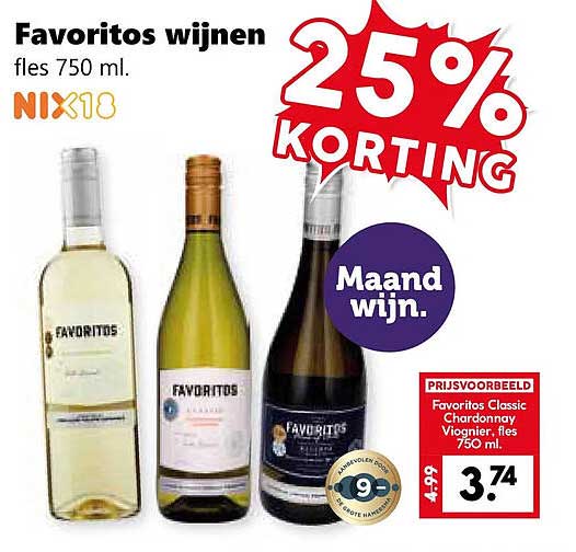 Favoritos wijnen fles 750 ml. 25% korting