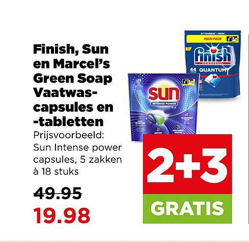 Finish, Sun en Marcel's Green Soap Vaatwas-capsules en -tabletten 2+3 GRATIS