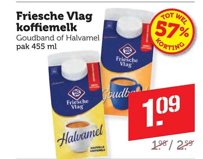 Friesche Vlag koffiemelk Goudband of Halvamel pak 455 ml