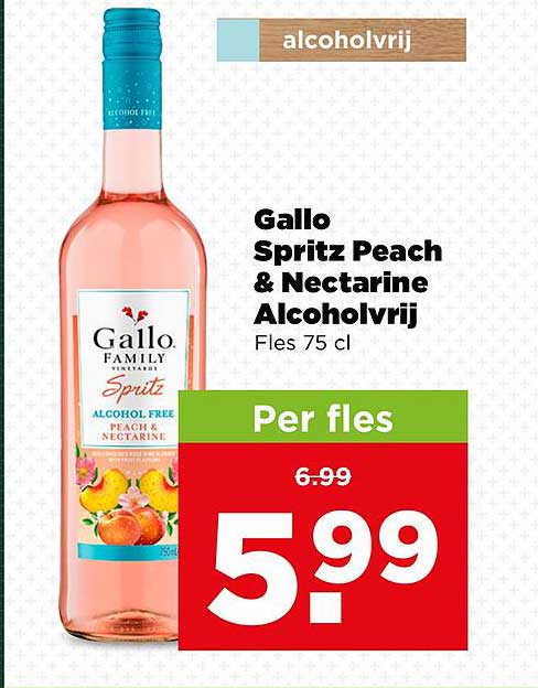 Gallo Spritz Peach & Nectarine Alcoholvrij Fles 75 cl alcoholvrij