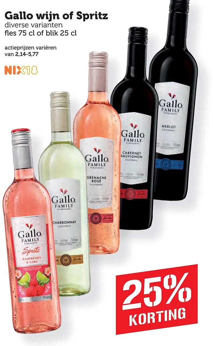 Gallo wijn of Spritz diverse varianten fles 75 cl of blik 25 cl 25% KORTING