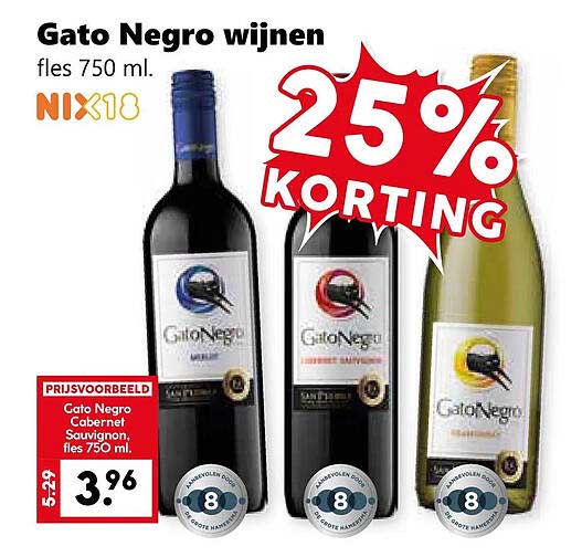 Gato Negro wijnen fles 750 ml. 25% KORTING
