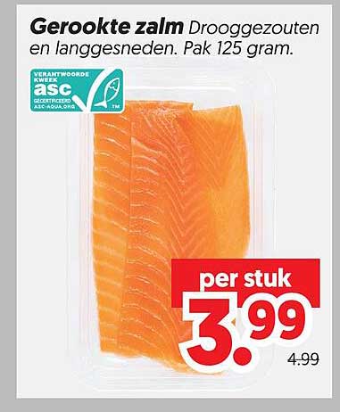Gerookte zalm Drooggezouten en langgesneden. Pak 125 gram.